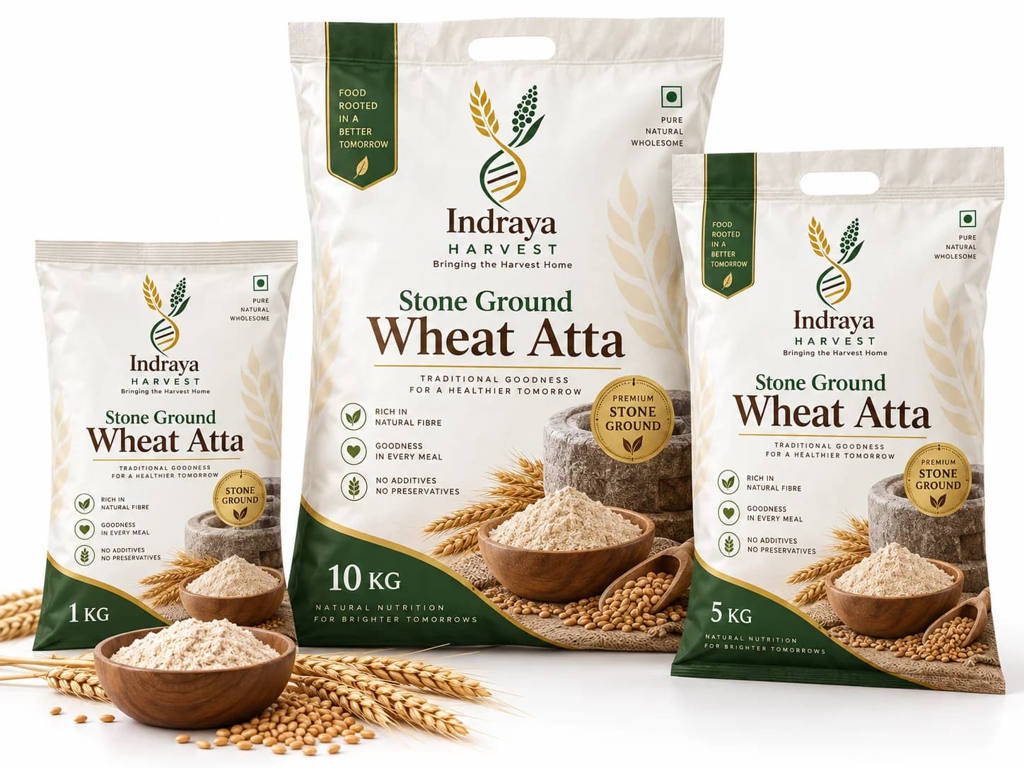 Stone Ground Wheat Atta in 1 kg, 5 kg and 10 kg packs